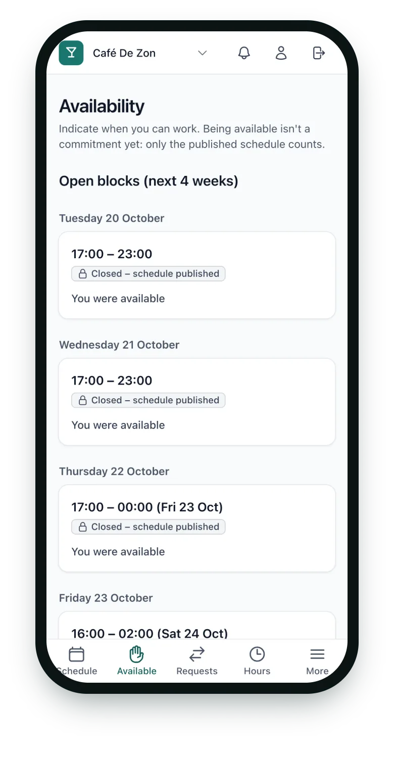 Phone showing an employee’s availability per shift