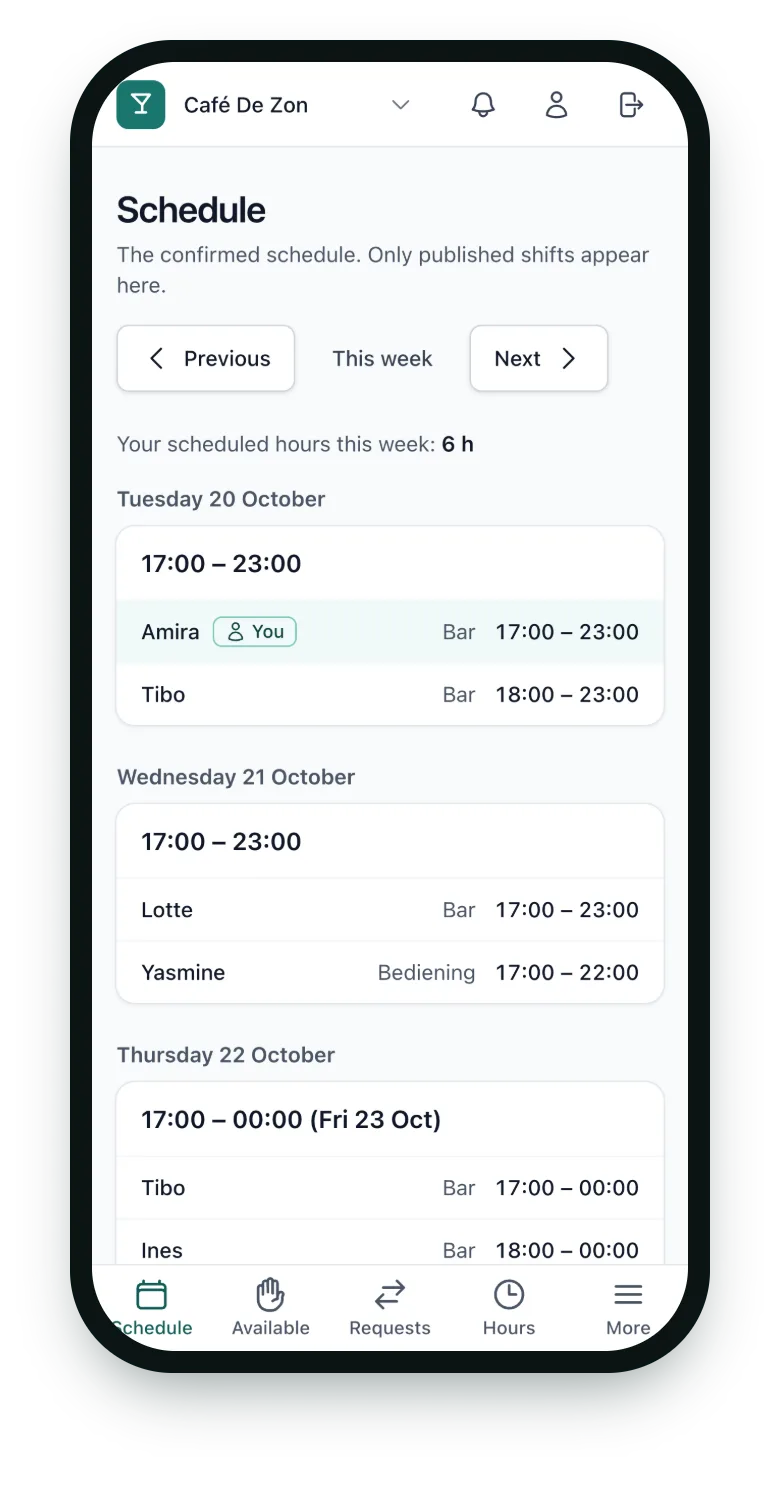 BarPlanner on a laptop and a phone: a café’s weekly schedule with shifts per day