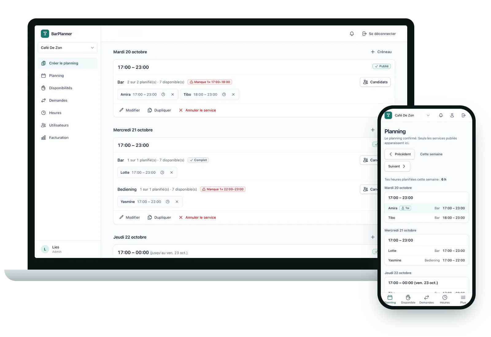 BarPlanner sur ordinateur portable et téléphone : le planning hebdomadaire d’un café