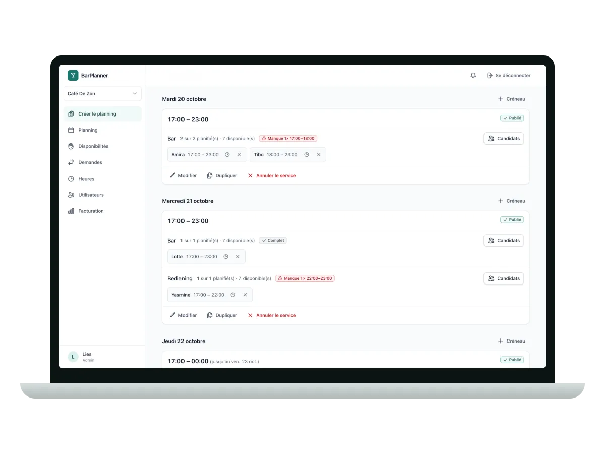 Vue de la semaine avec services, postes et employés planifiés