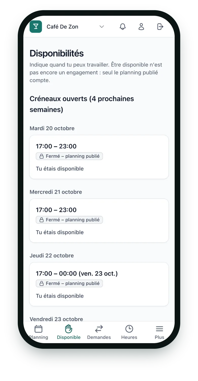 Téléphone affichant les disponibilités d’un employé par service