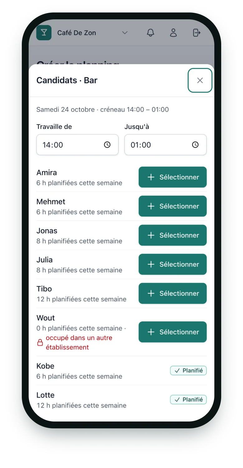 Téléphone affichant la liste des candidats pour un service