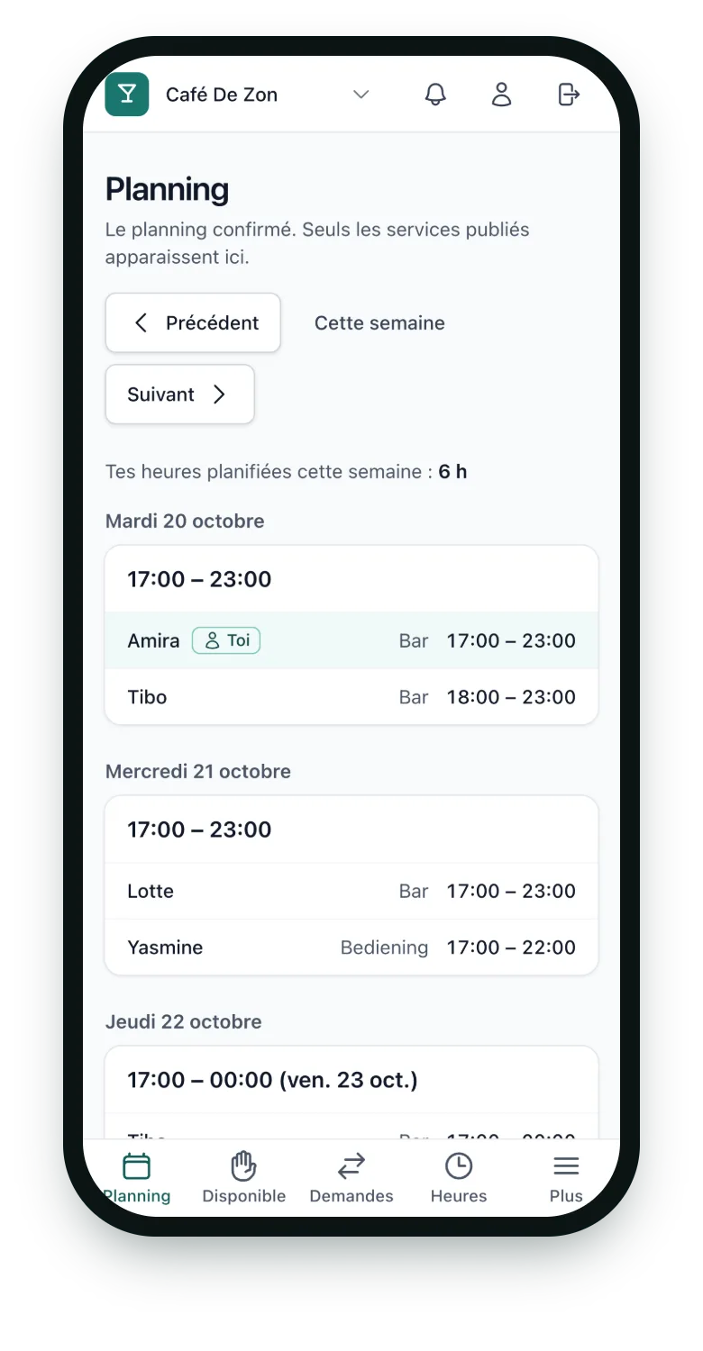 BarPlanner sur ordinateur portable et téléphone : le planning hebdomadaire d’un café