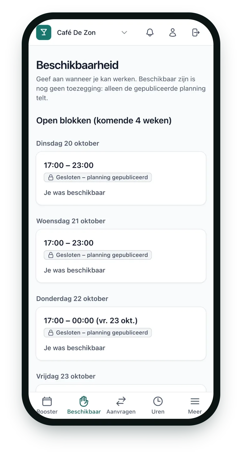 Gsm met de beschikbaarheid van een medewerker per shift