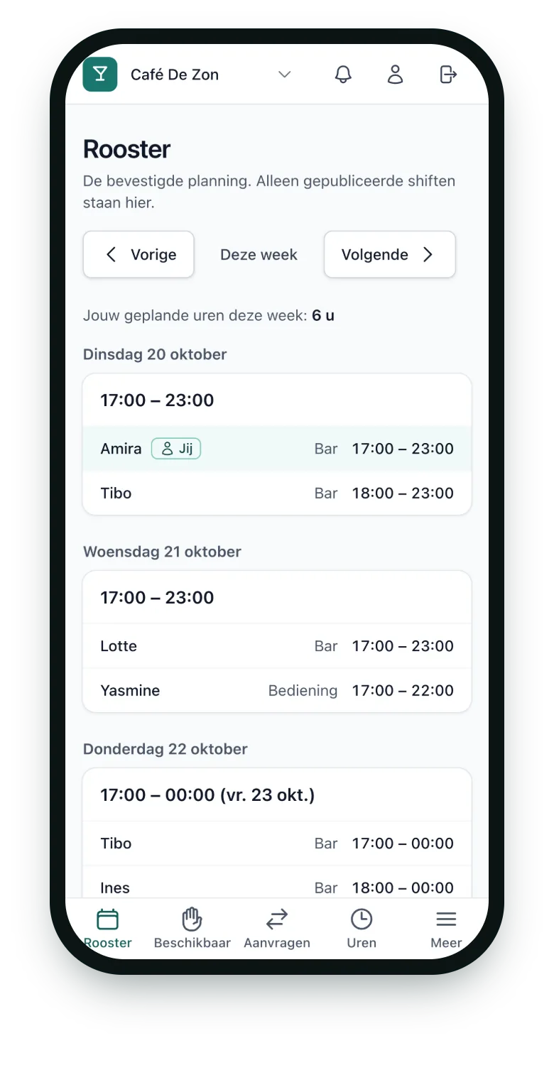 BarPlanner op laptop en gsm: het weekrooster van een café met shiften per dag